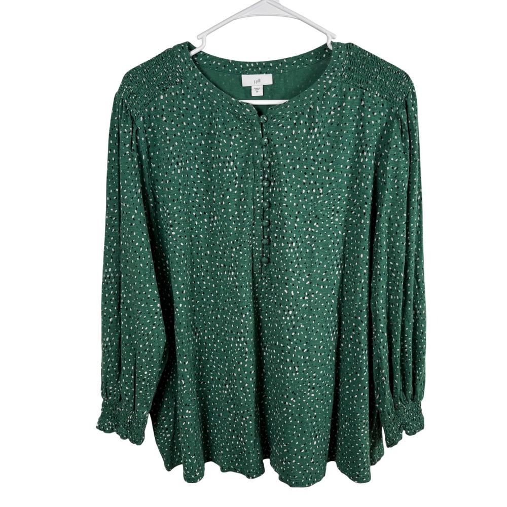 J. Jill Green Top Women's 2X Dotted Smocked Henley Tee Boho Cottage Casual